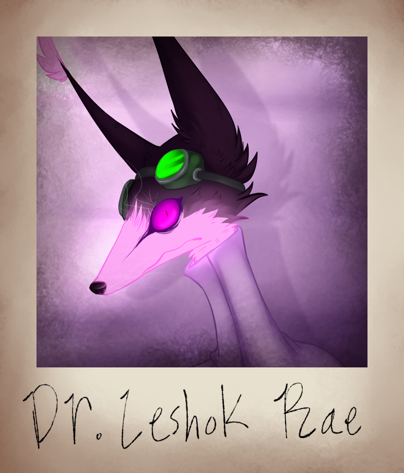 A digital drawing of a furred, long faced anthro creature with tall ears and wide eyes. He is wearing a pair of goggles on his forhead and a labcoat with the collar all the way buttoned up. The drawing is labeled Dr. Leshok Rae